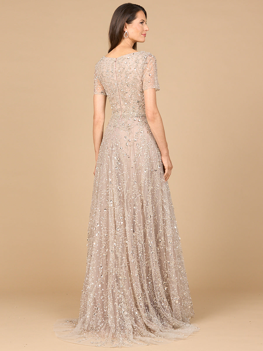 Short Sleeve V-Neck Beaded Ballgown 28958
