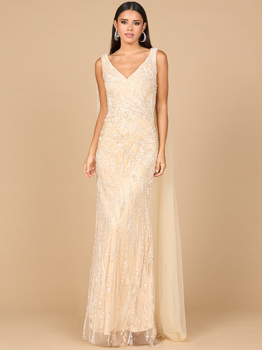 V-Neck Gown with Long Cape Sleeves 28963