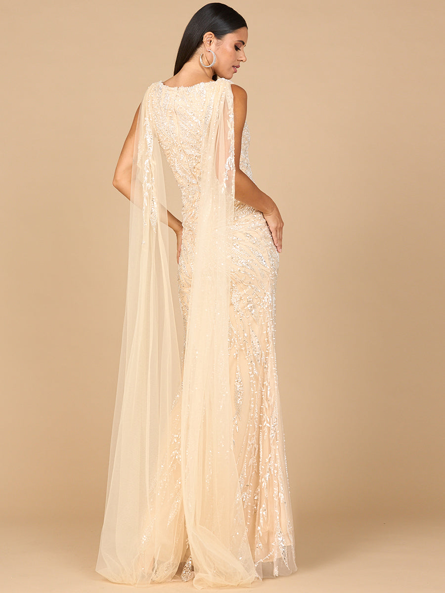 V-Neck Gown with Long Cape Sleeves 28963