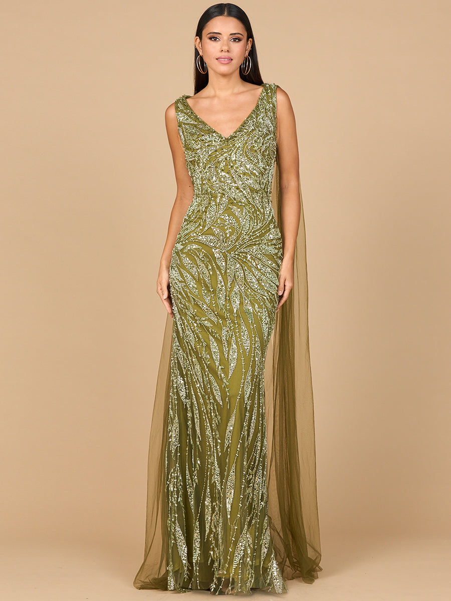V-Neck Gown with Long Cape Sleeves 28963
