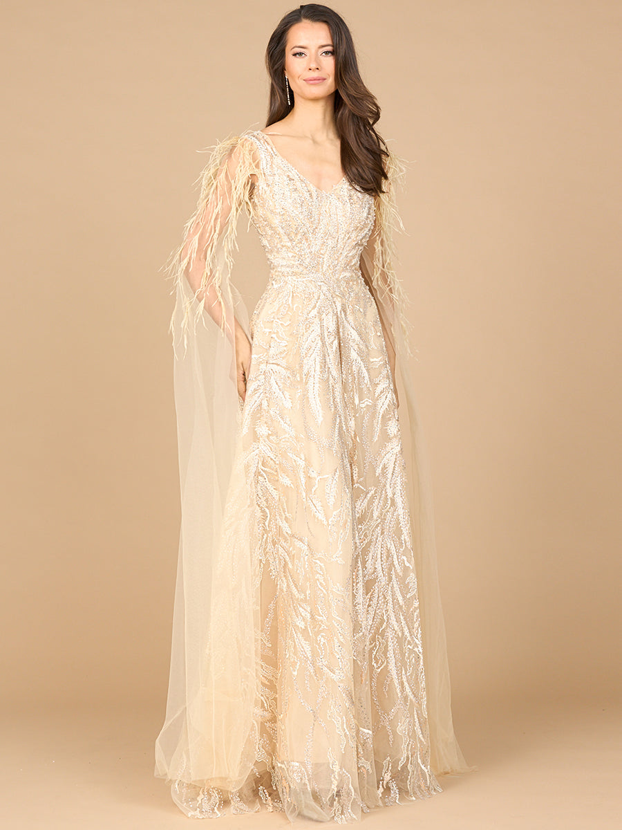 Beaded Gown with Satin Cape Sleeves 28965