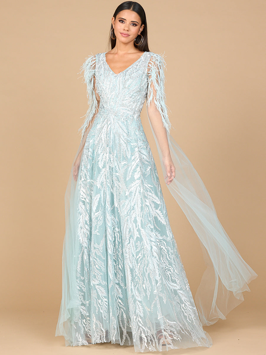 Beaded Gown with Satin Cape Sleeves 28965