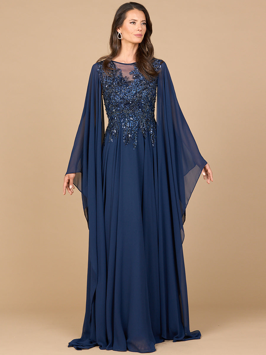 Chiffon A-line Long Gown with Cape Sleeves 28968