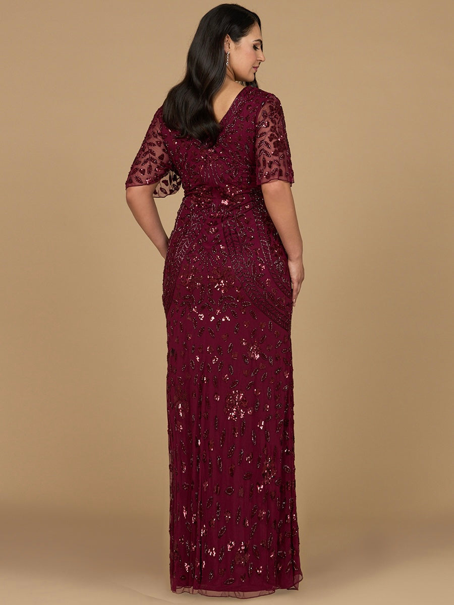 V-Neck, Cape Sleeve Beaded Gown 28975