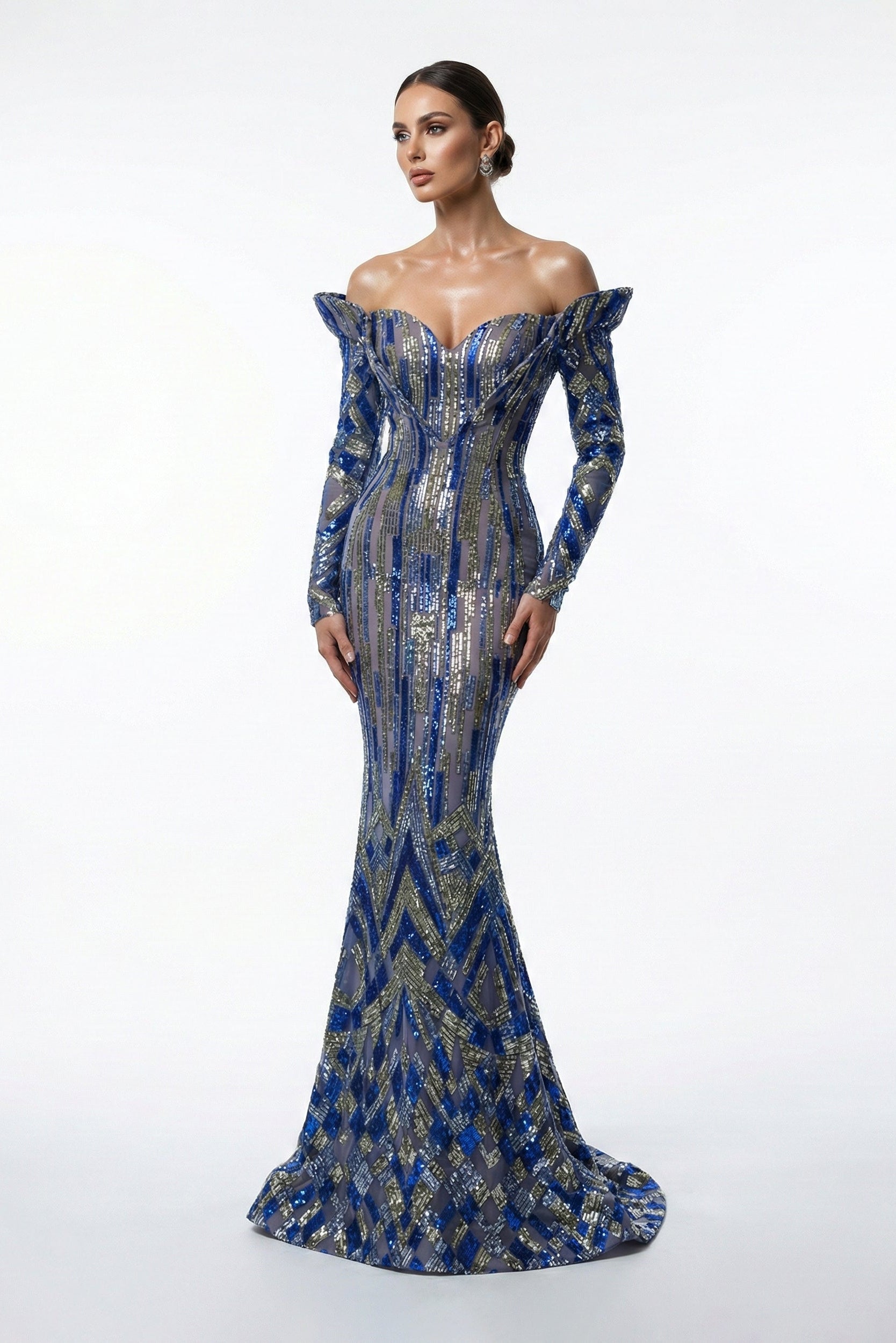 Fouad Sarkis F02900A Blue Silver Embellished Mermaid Gown