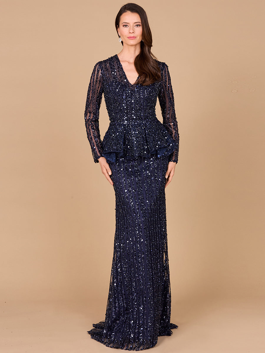 Long Sleeve Beaded Peplum Dress 29038