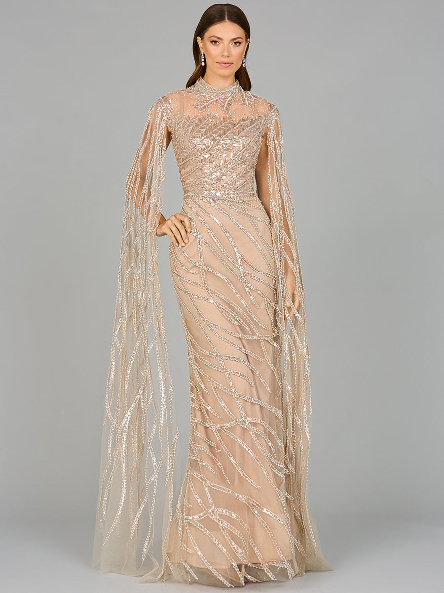 High Neck Gown with Long Cape Sleeves 29042