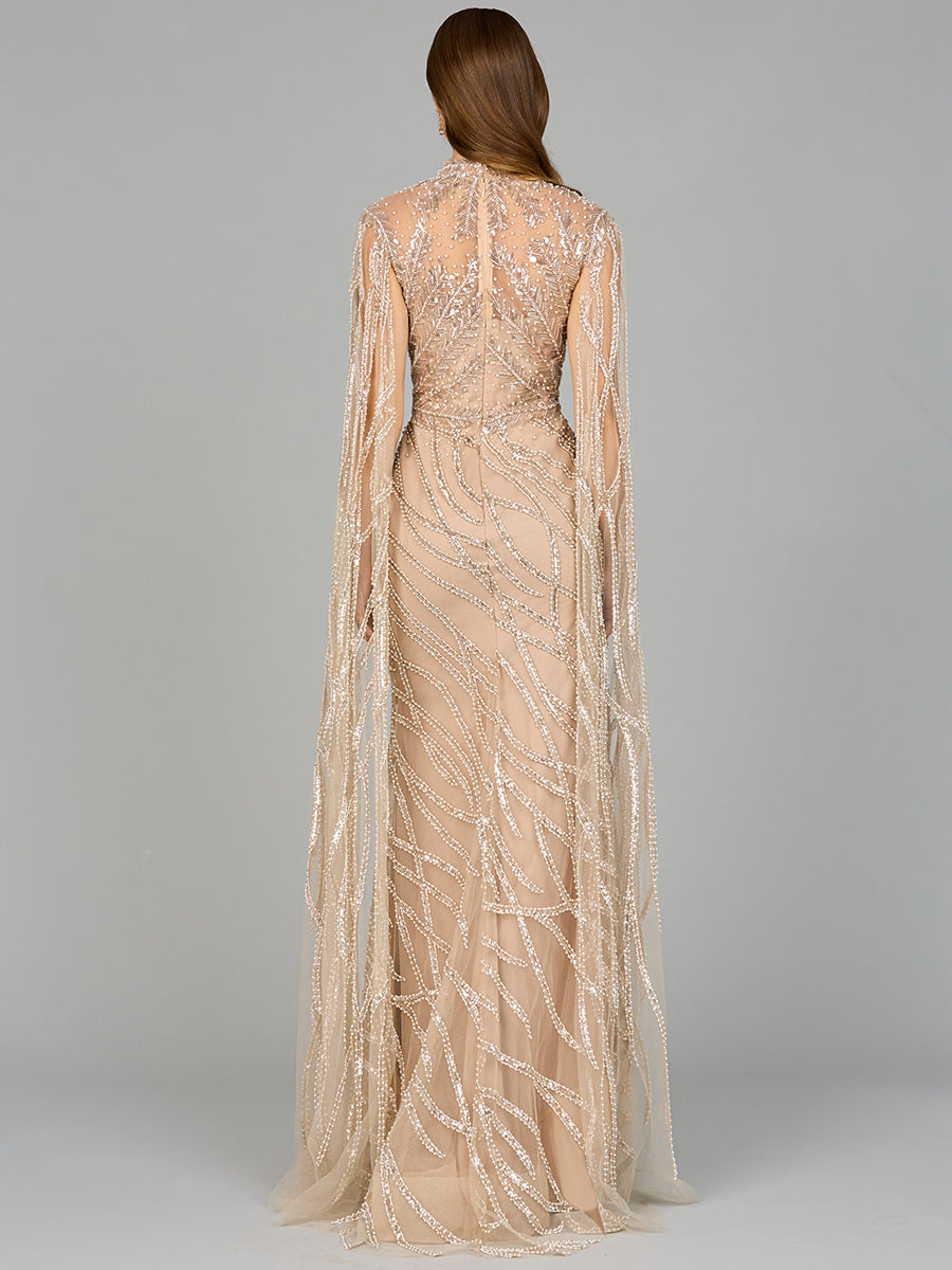 High Neck Gown with Long Cape Sleeves 29042