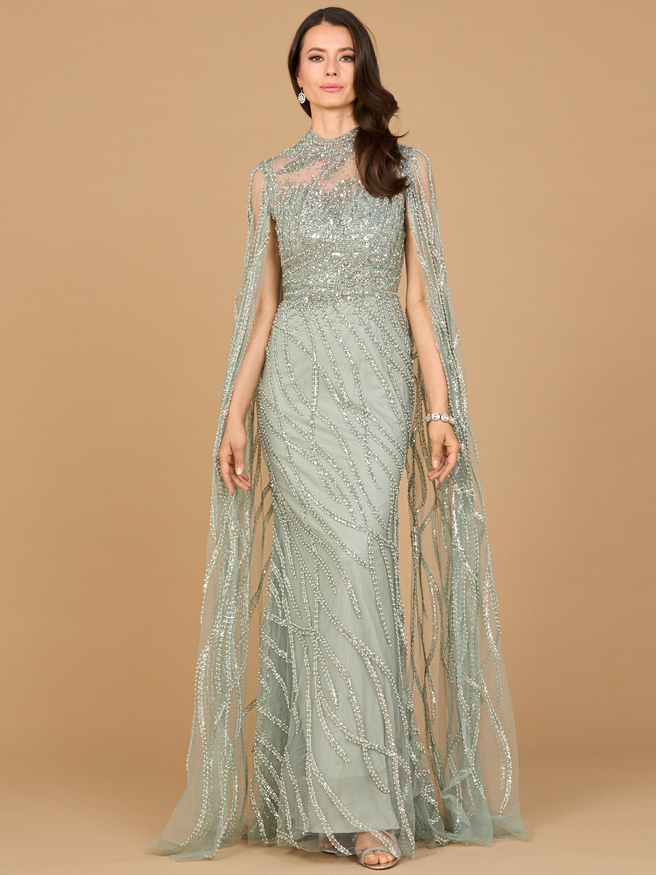 High Neck Gown with Long Cape Sleeves 29042