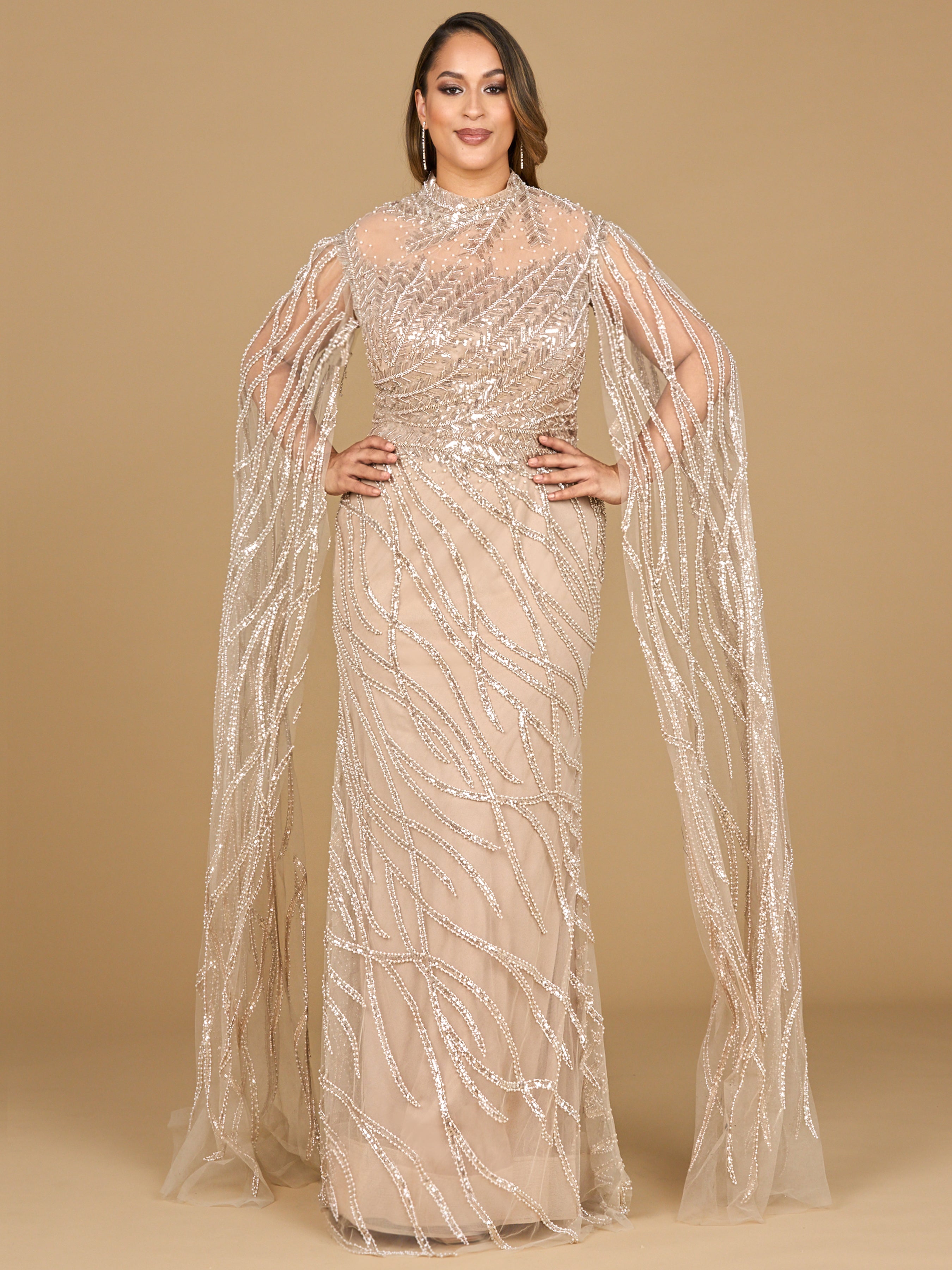 High Neck Gown with Long Cape Sleeves 29042