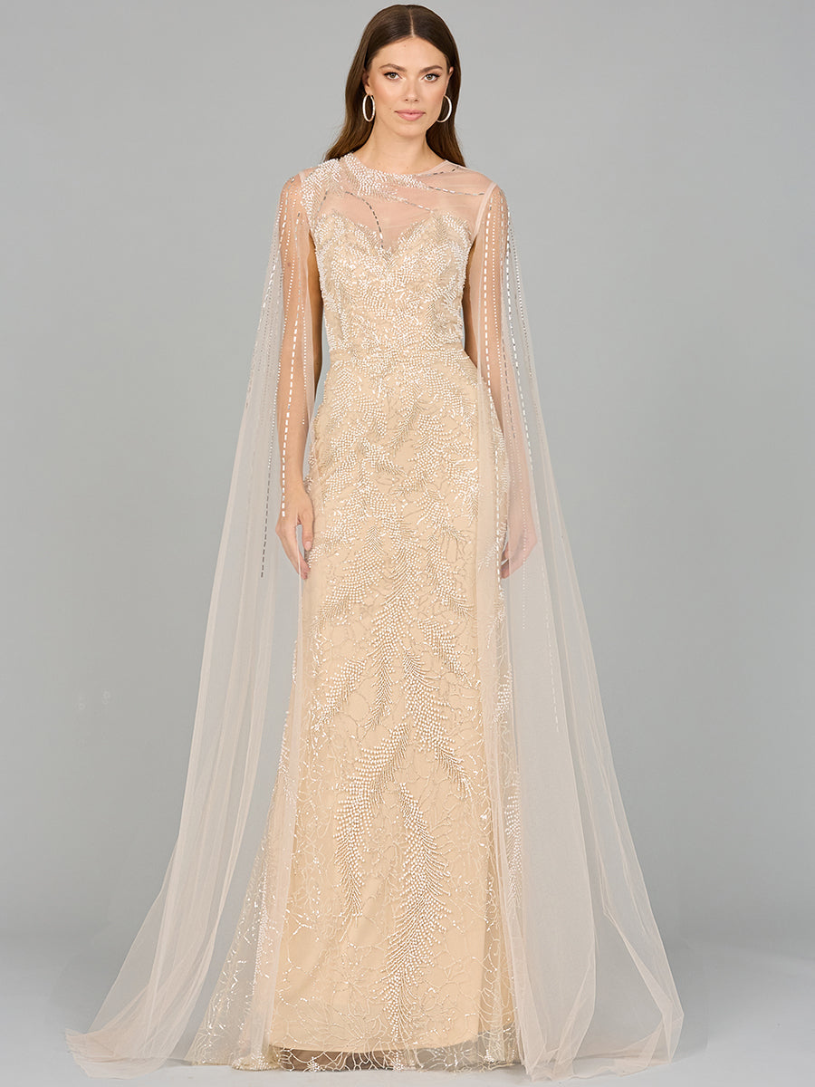 Long Cape Beaded Gown 29047