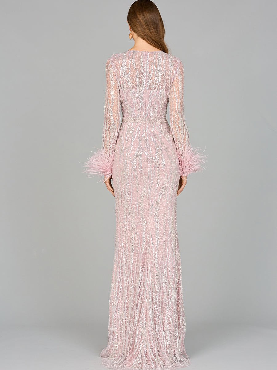 Long Sleeve Sheath Gown with Feathers 29049