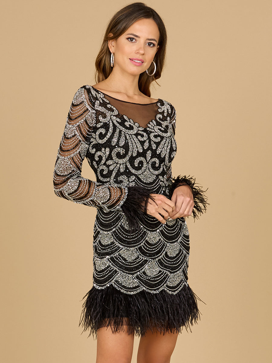 Beaded Short Dress with Feathers and Sleeves Black/Silver / 12 Beaded Short Dress with Feathers and Sleeves Black/Silver / 12