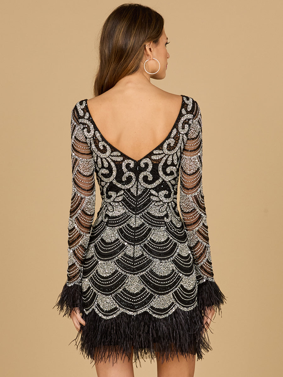 Beaded Short Dress with Feathers and Sleeves 29066