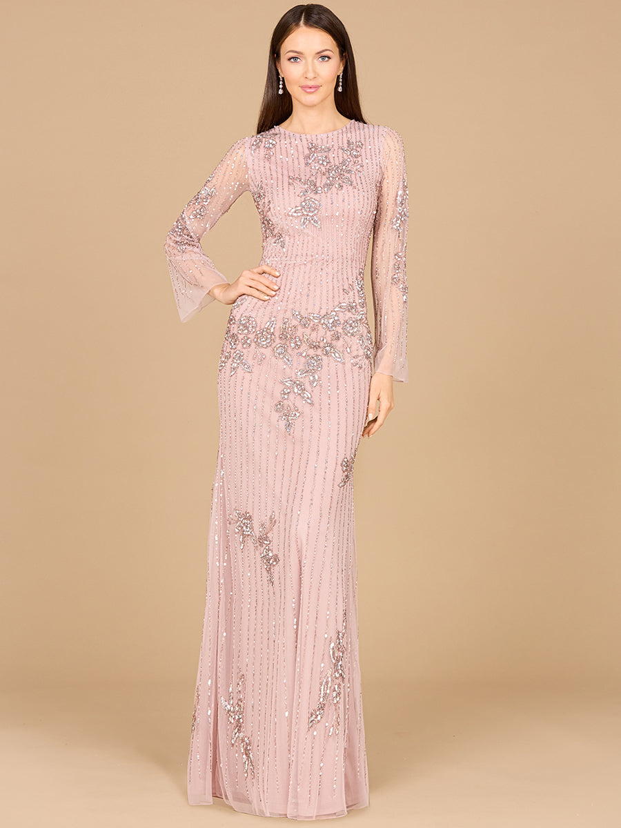 Long Sleeve, High Neck Beaded Gown - OUTLET 29079