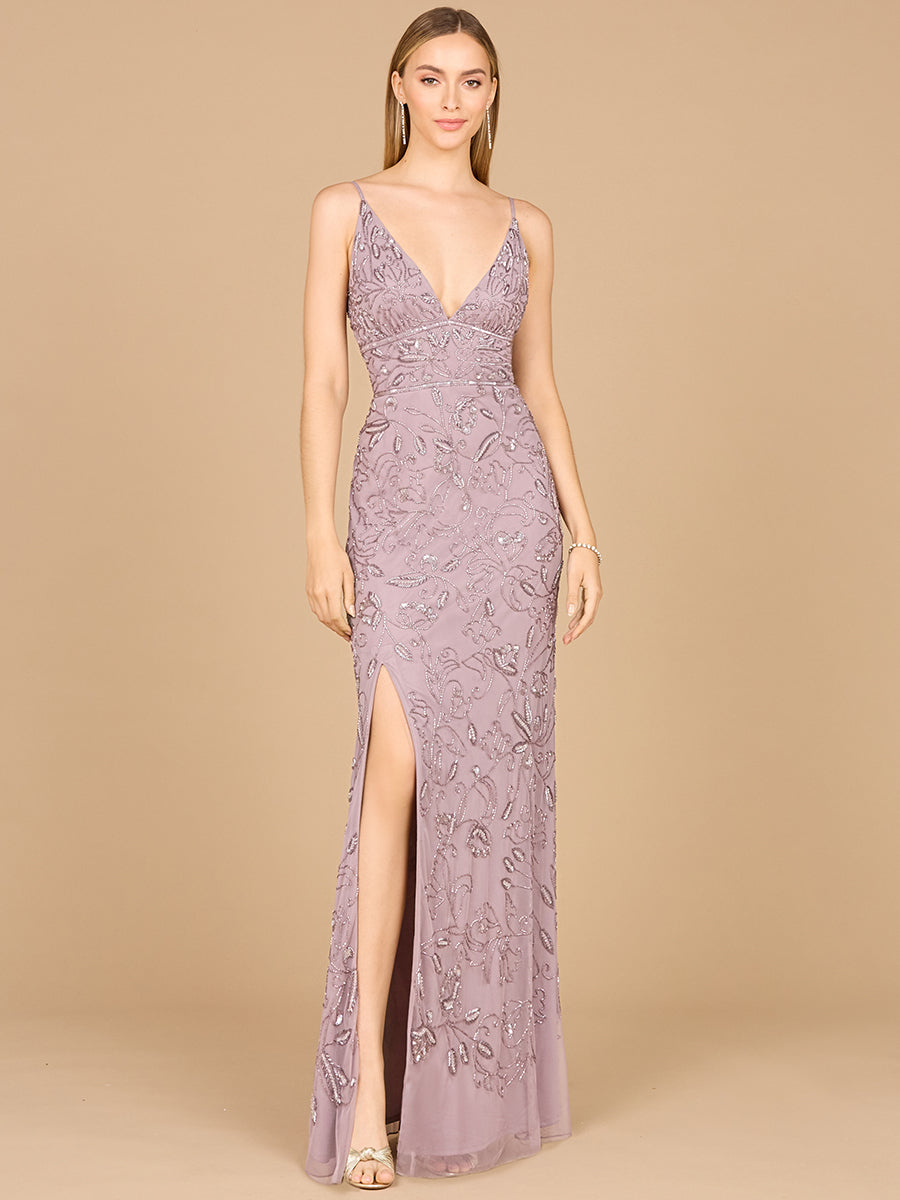 Embellished Gown with Slit And Spaghetti Straps - OUTLET 29081