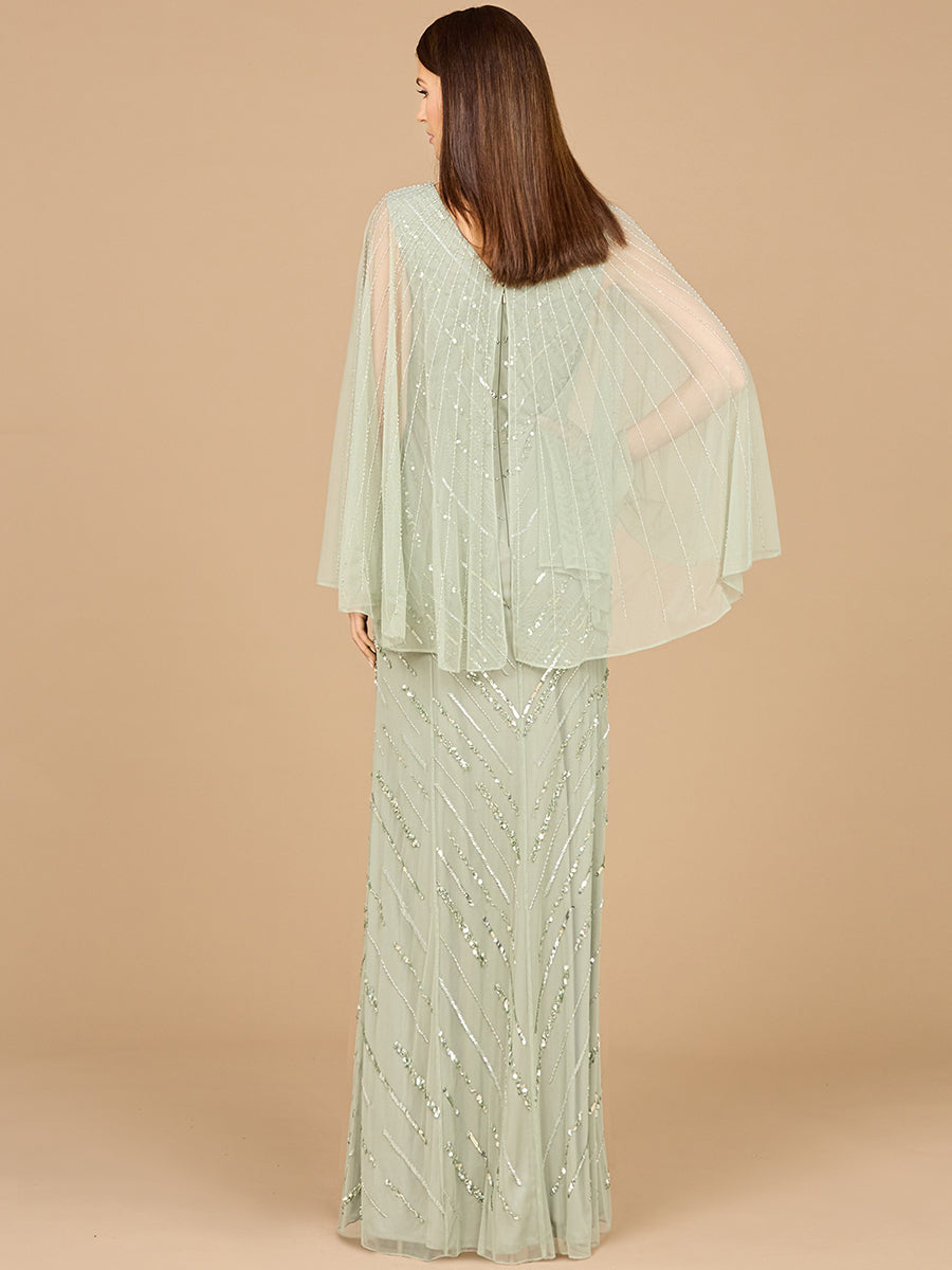 Long Cape Sleeves Beaded Dress - OUTLET 29082