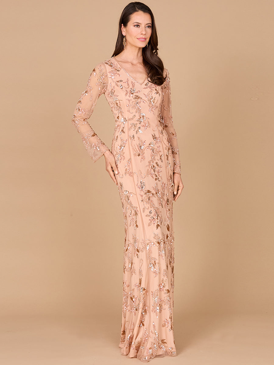 Beaded Dress with Sheer Long Sleeves 29085 Beaded Dress with Sheer Long Sleeves 29085