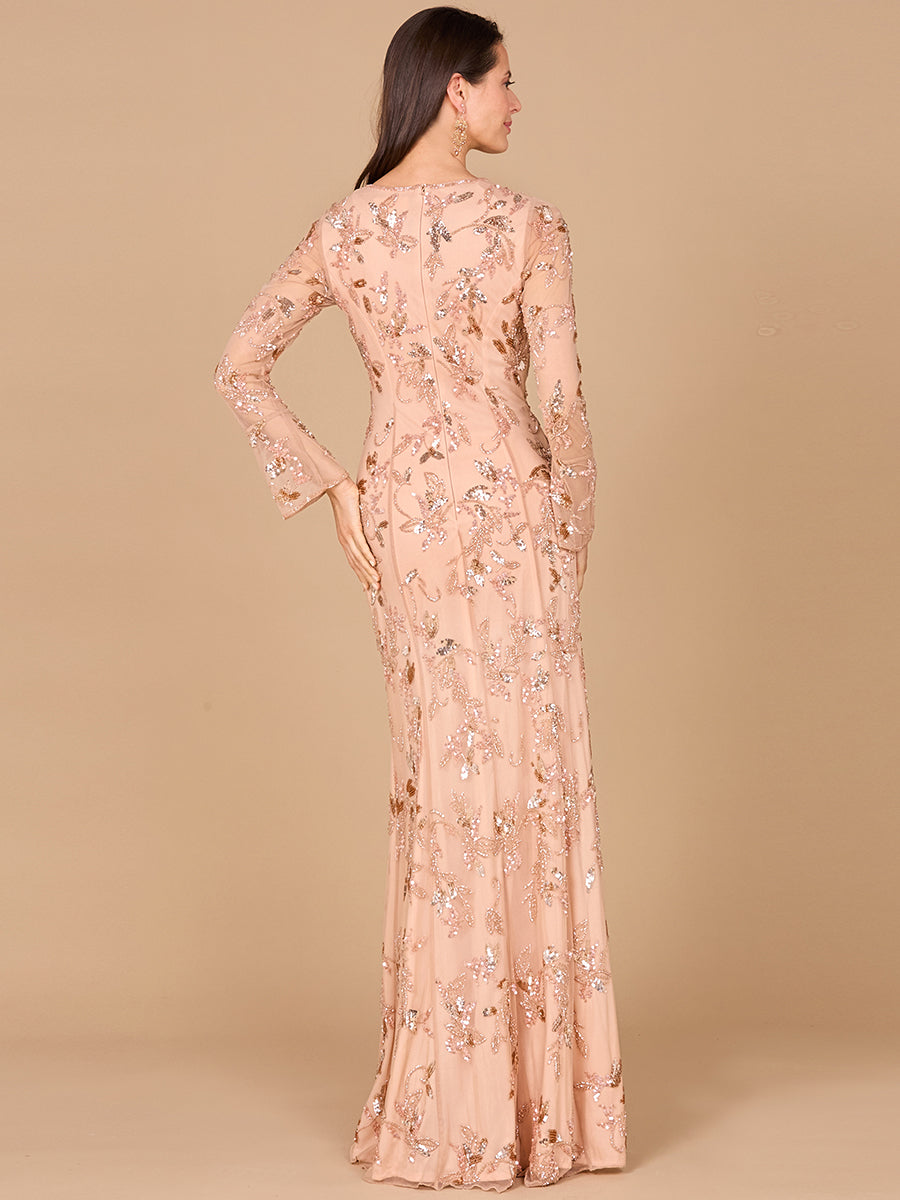 Beaded Dress with Sheer Long Sleeves 29085