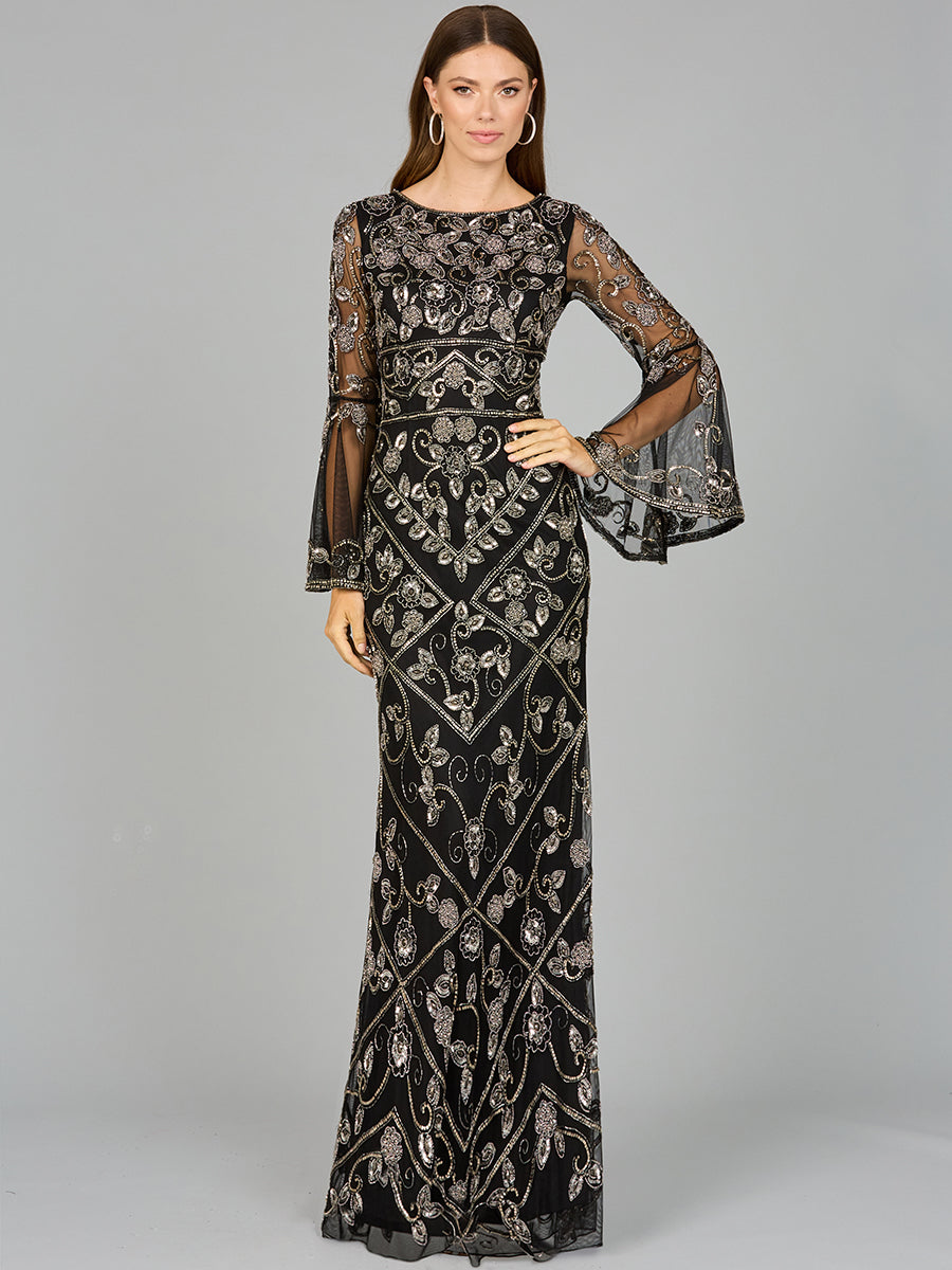 Bell Sleeved High Neck Beaded Gown 29088