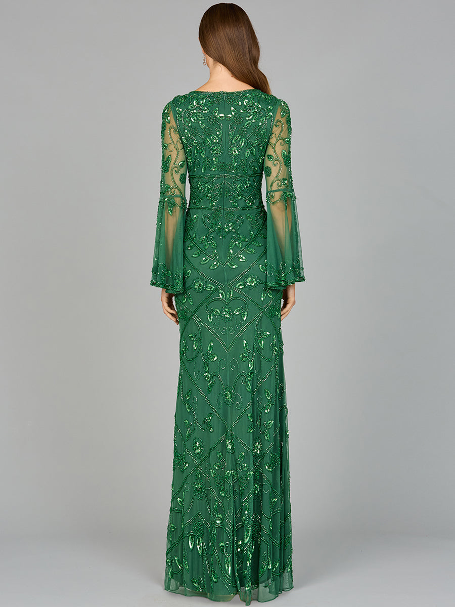 Bell Sleeved High Neck Beaded Gown 29088