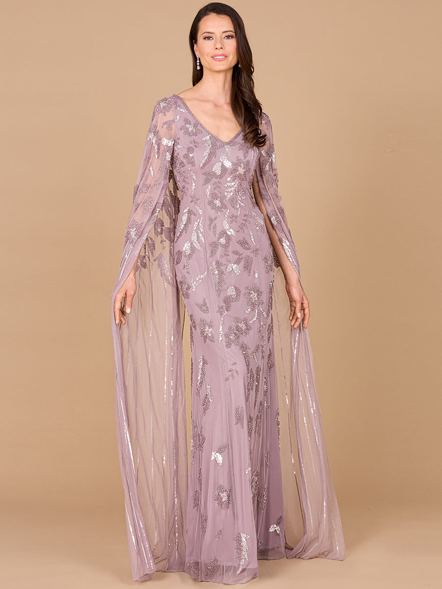 Beaded Sheath Dress with Long Cape 29090