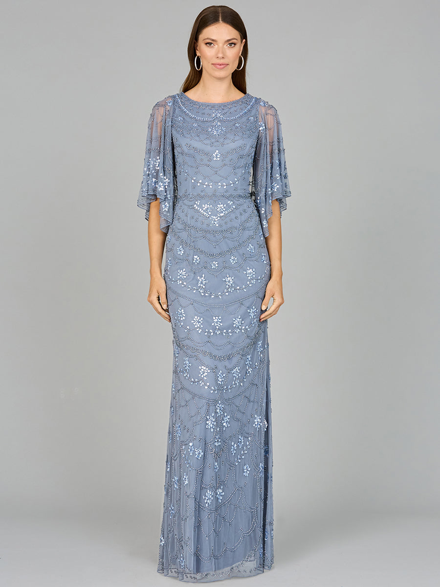 High Neck, Cape Sleeve Beaded Gown - OUTLET 29091