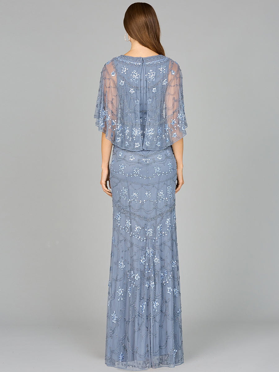 High Neck, Cape Sleeve Beaded Gown - OUTLET 29091