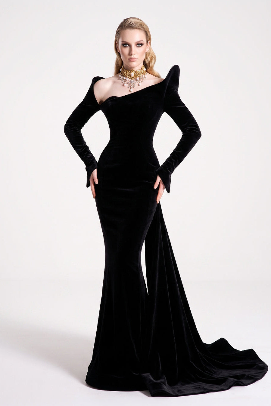 fouad sarkis black dress 2910B Velvet Mermaid Evening Size:small Bow-detailed two-tone wool midi embellished butterfly brooch at Los Angeles Inventory