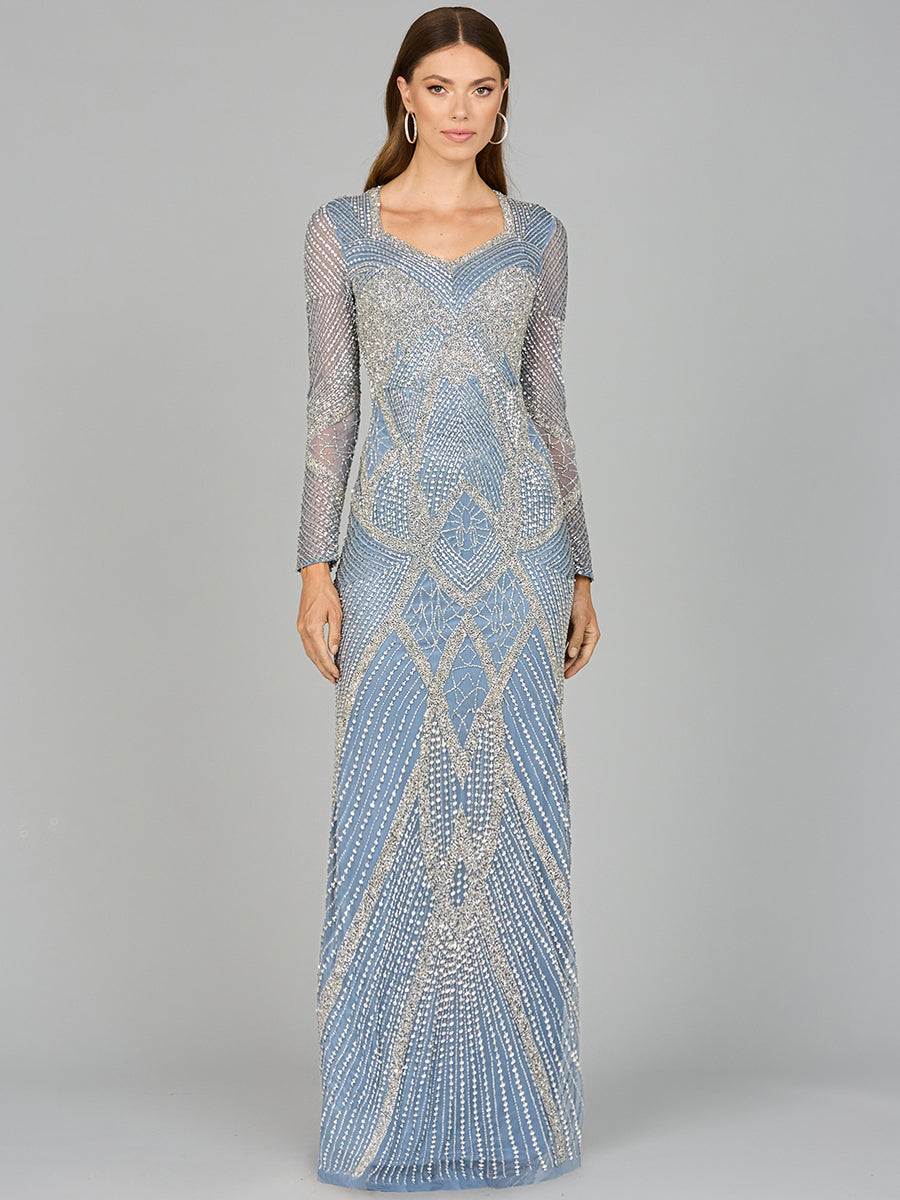 V Neck Beaded Long Sleeve Dress 29112
