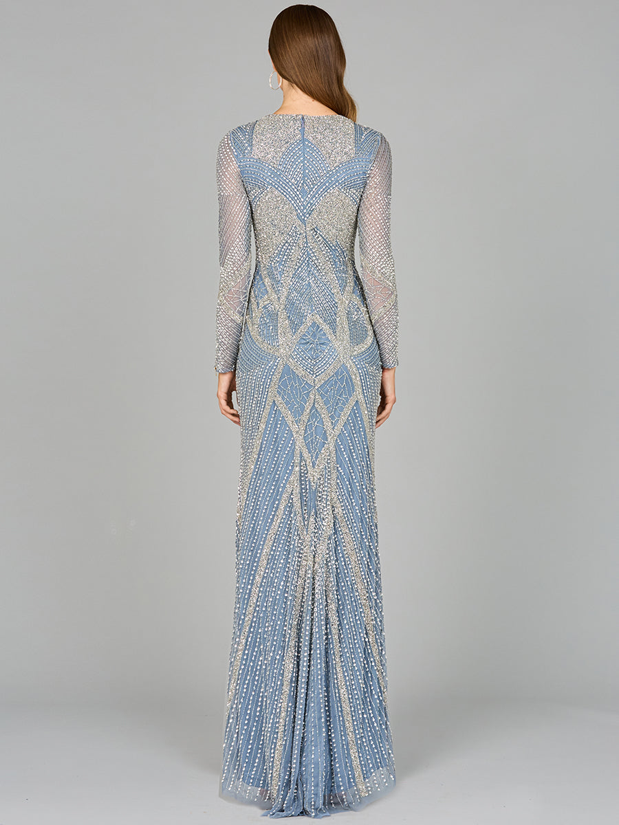 V Neck Beaded Long Sleeve Dress 29112