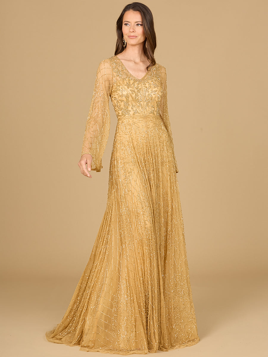 Beaded Long Dress with Flare Sleeves 29115