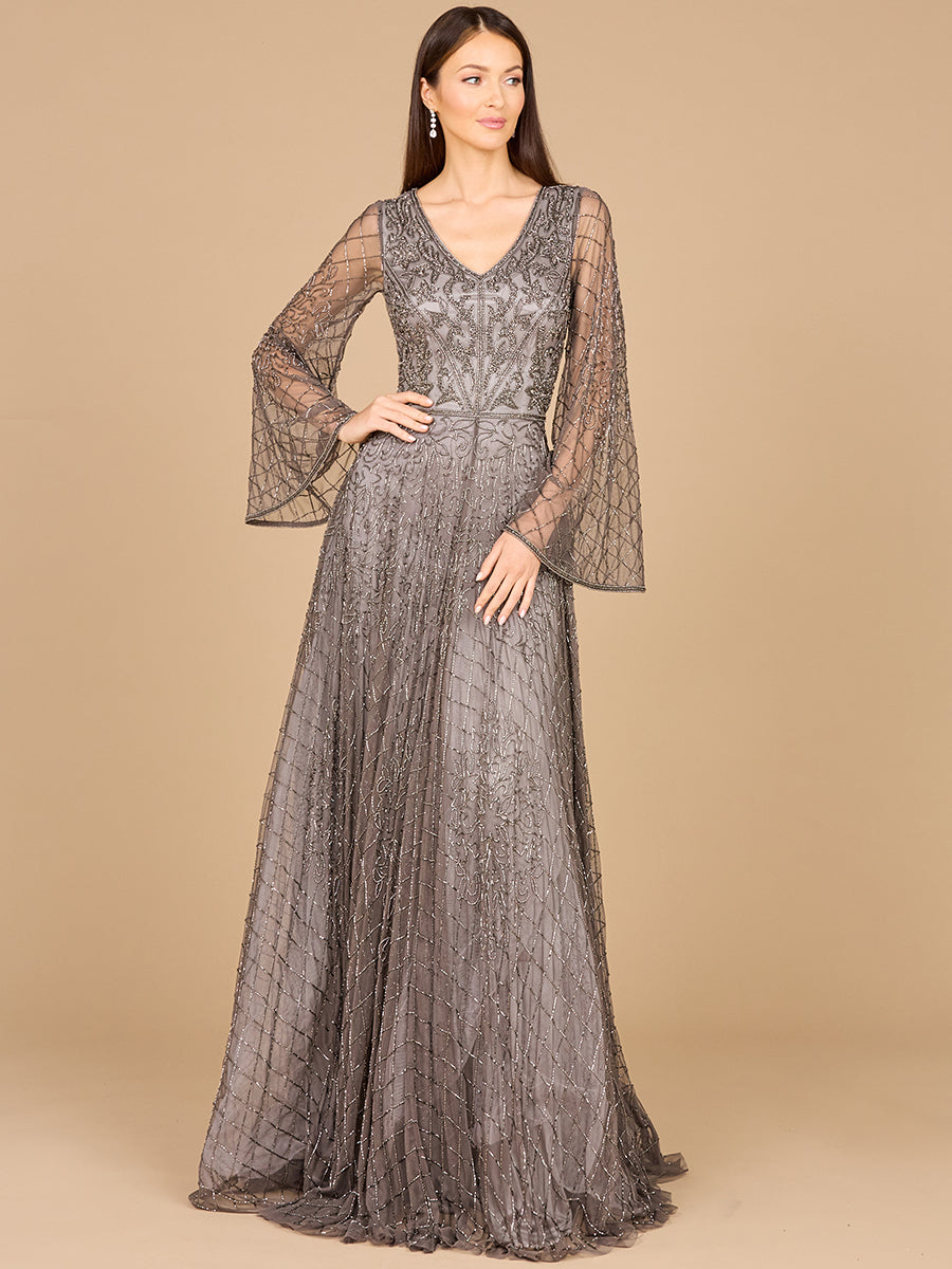 Beaded Long Dress with Flare Sleeves 29115