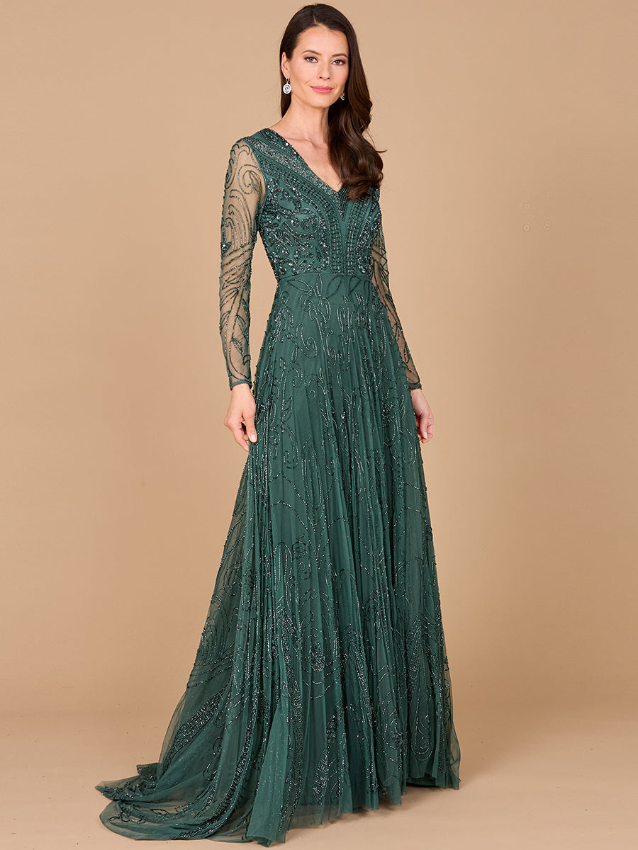 A-line Beaded Dress with Sleeves 29116