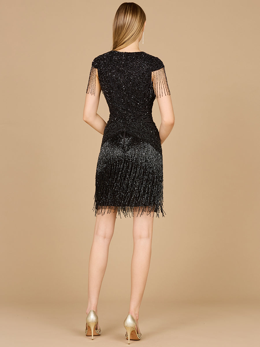 Beaded Fringe Short Dress with Cap Sleeves 29123