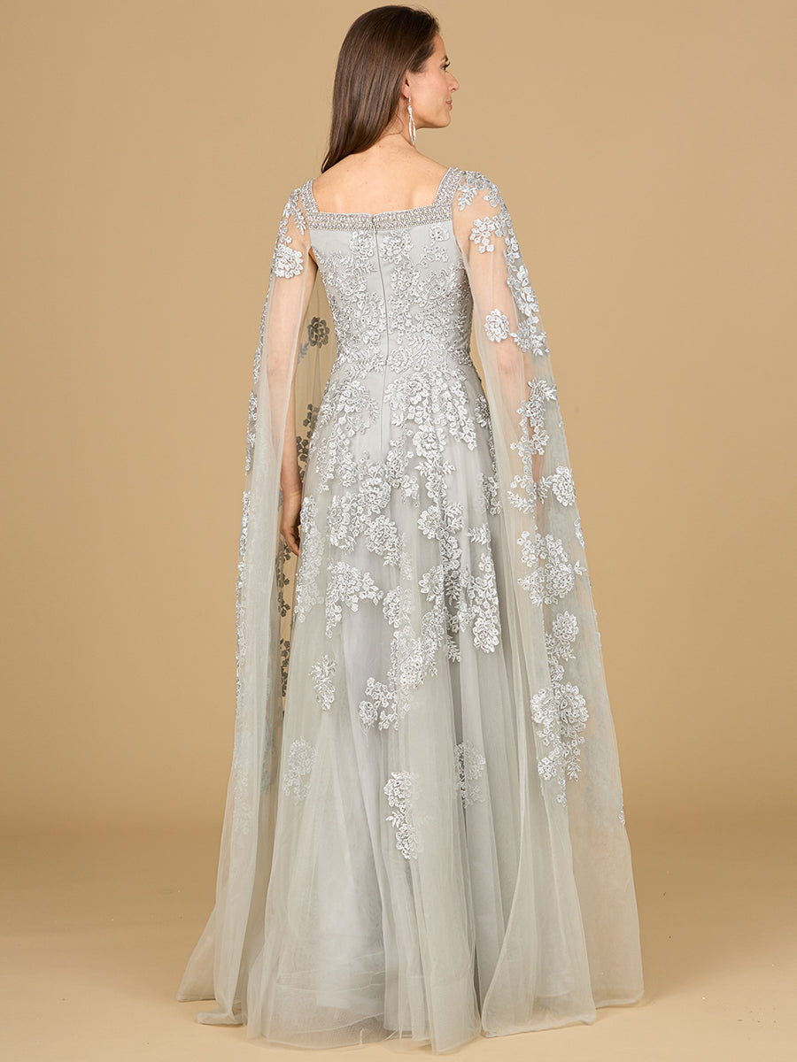Lace Embroidered Gown with Long Cape Sleeves 29138