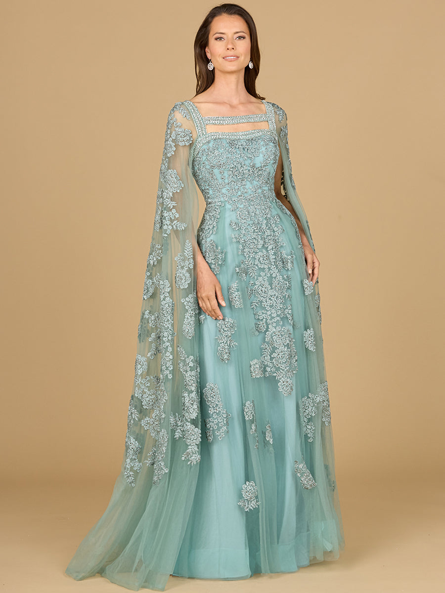 Lace Embroidered Gown with Long Cape Sleeves 29138