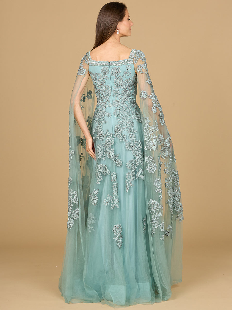 Lace Embroidered Gown with Long Cape Sleeves 29138