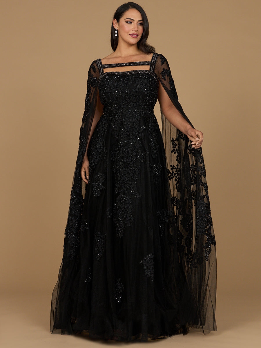 Lace Embroidered Gown with Long Cape Sleeves 29138
