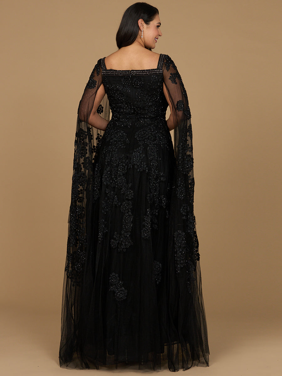 Lace Embroidered Gown with Long Cape Sleeves 29138