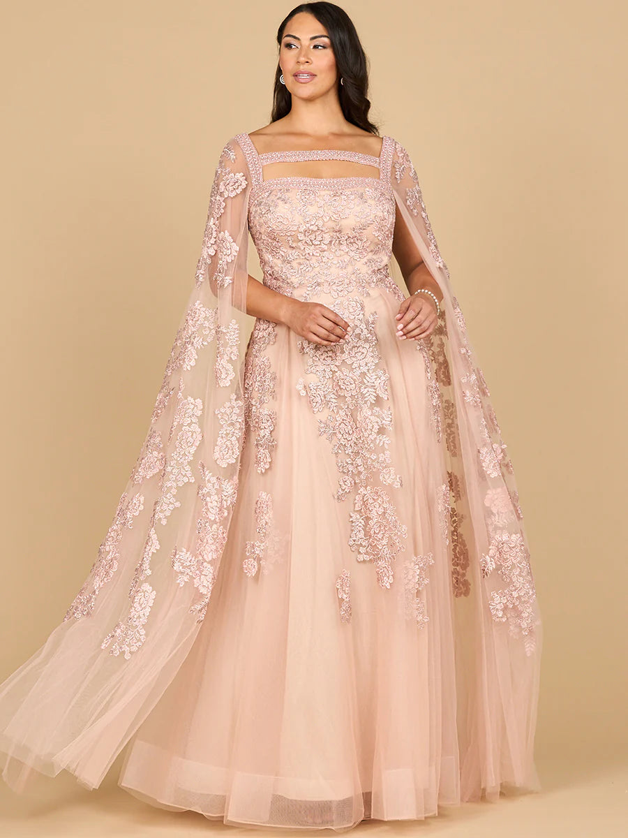 Lace Embroidered Gown with Long Cape Sleeves 29138