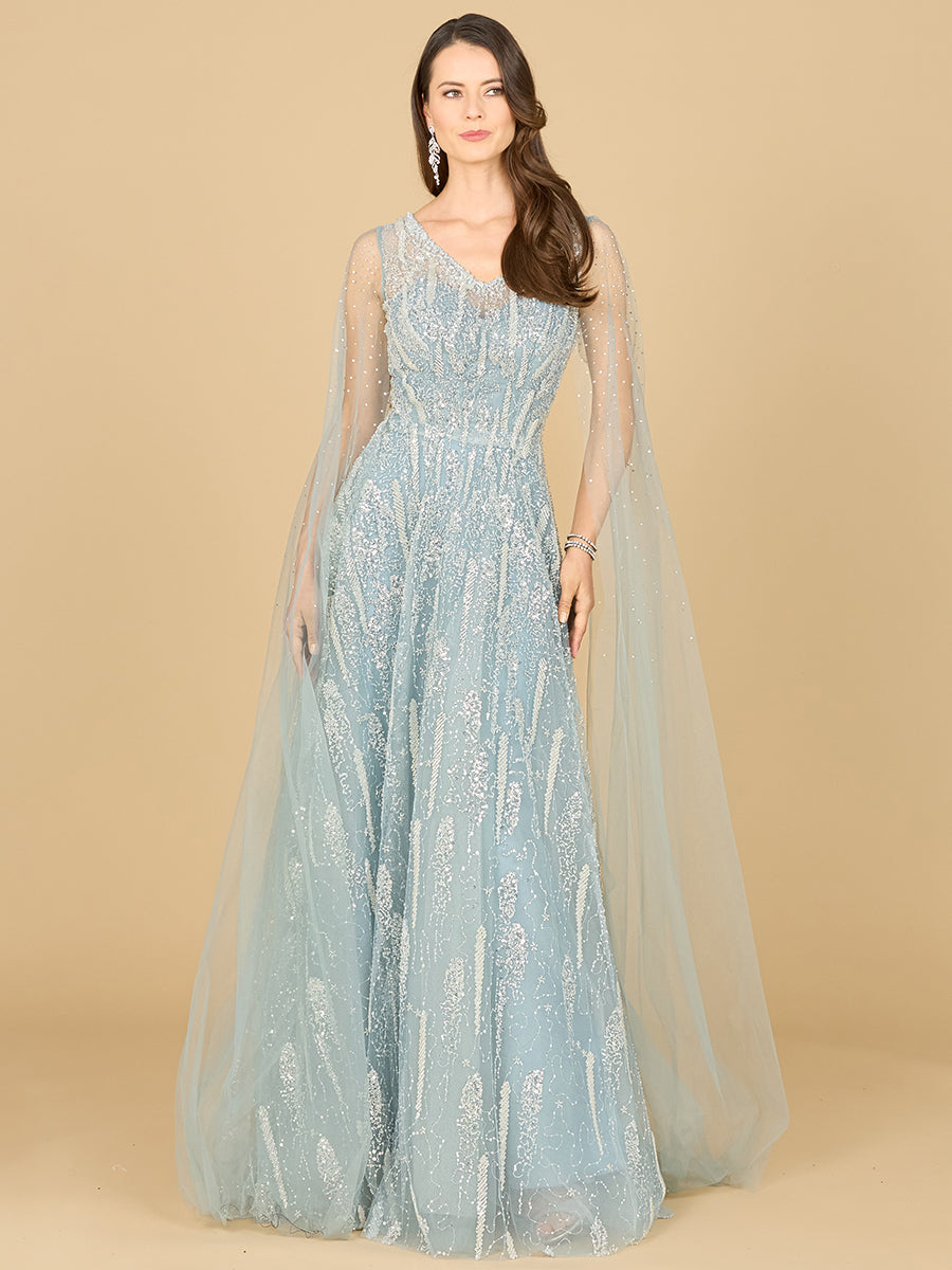 Lace Gown with Cape Sleeves and V-neckline 29143