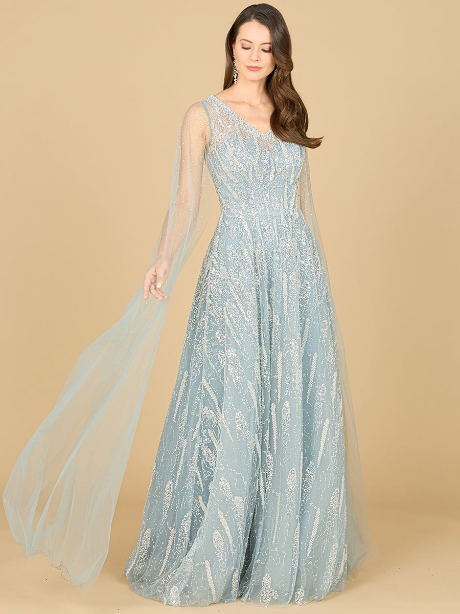 Lace Gown with Cape Sleeves and V-neckline 29143