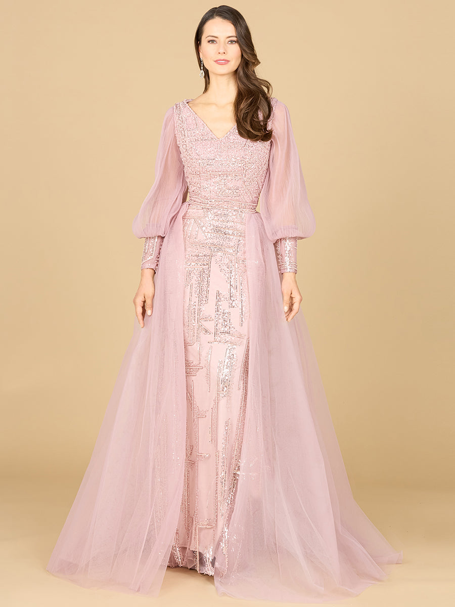 Long Sleeve Lace Gown with Removable Over Skirt 29158