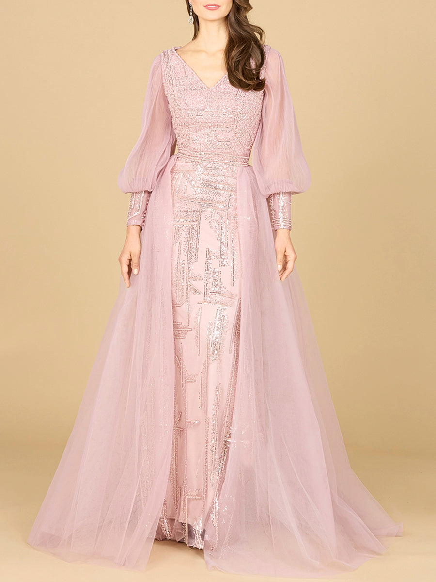 Long Sleeve Lace Gown with Removable Over Skirt 29158