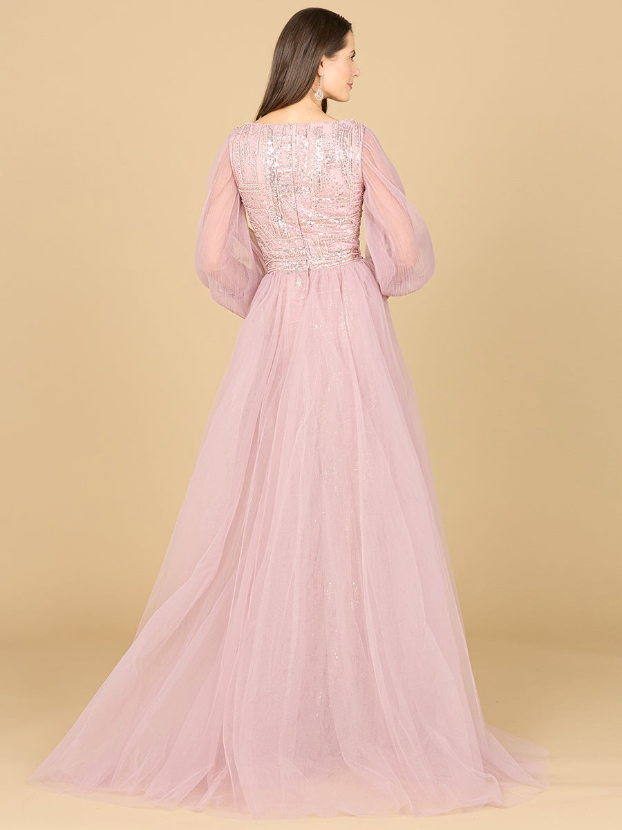 Long Sleeve Lace Gown with Removable Over Skirt 29158