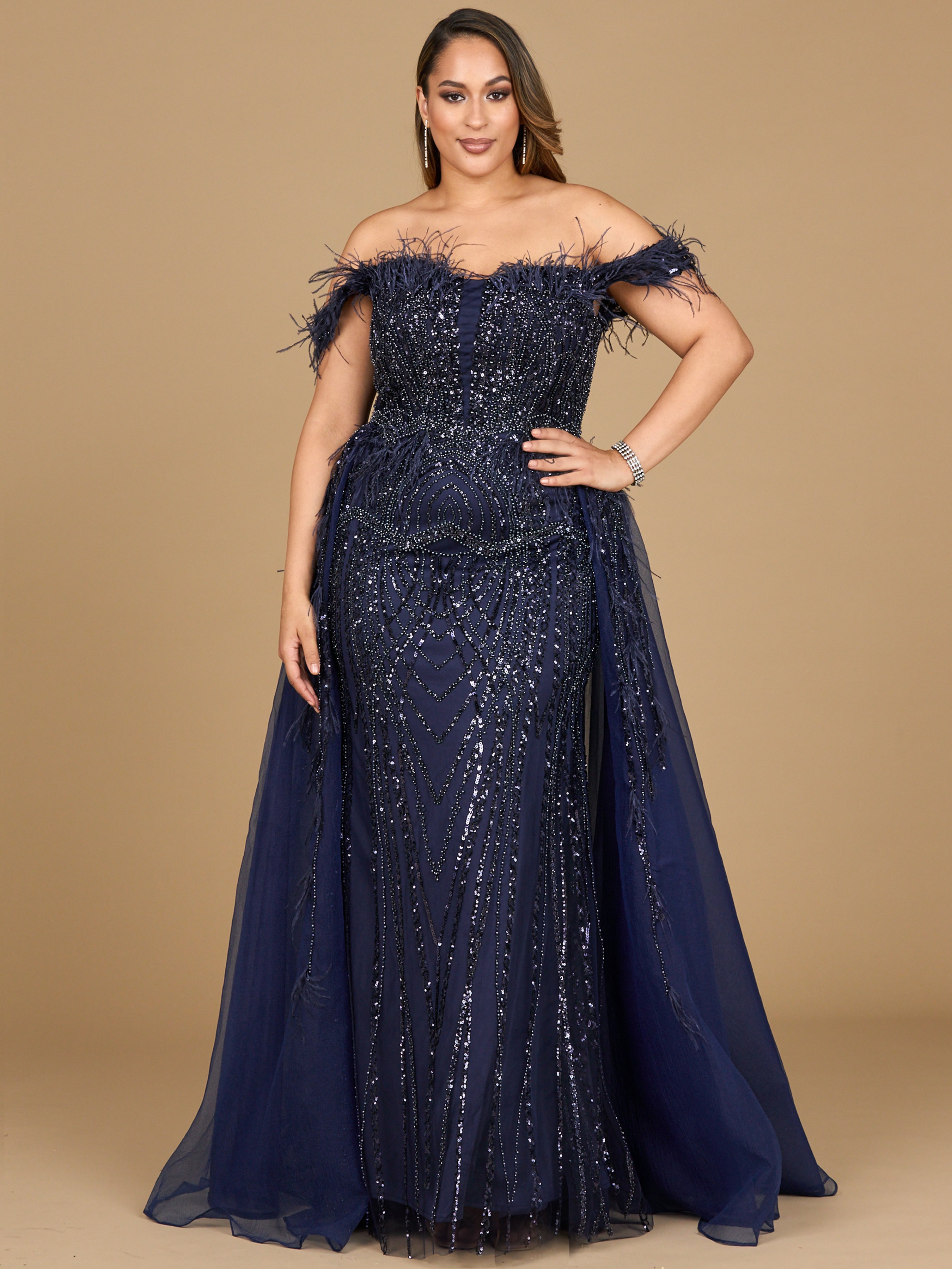 Off Shoulder Gown with Feathers 29161