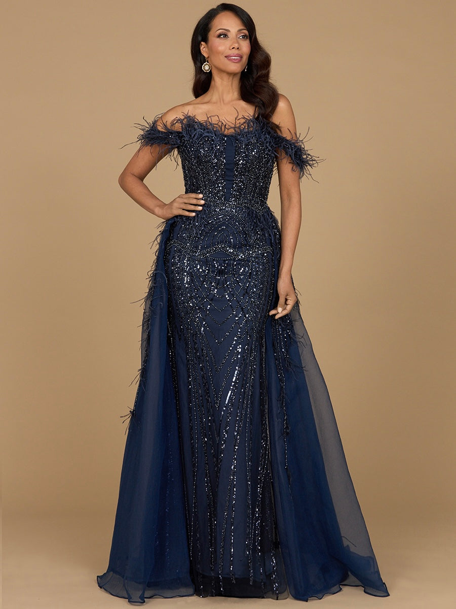 Off Shoulder Gown with Feathers 29161