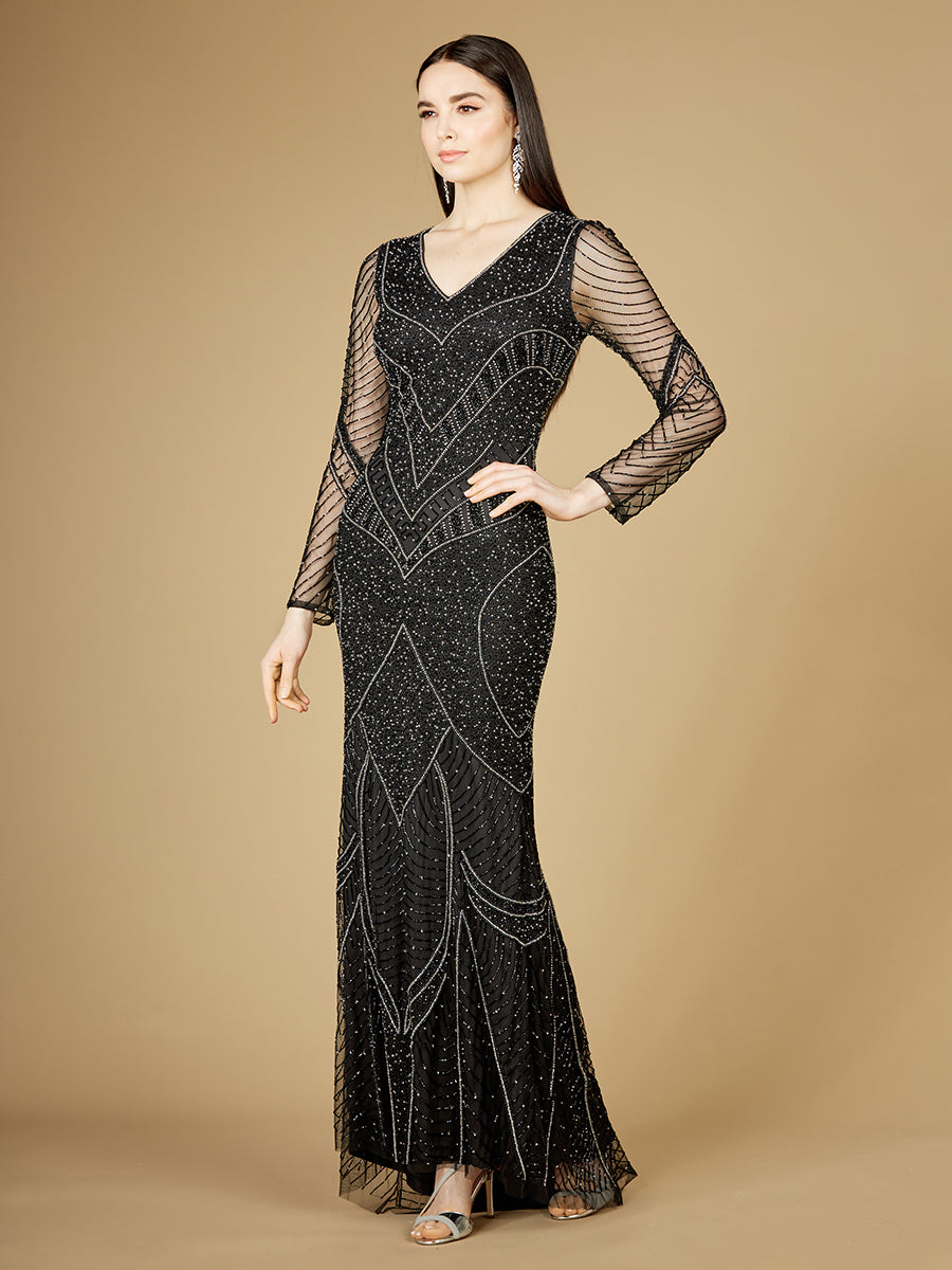Long Sleeve Beaded Dresses with Sheer Sleeves OUTLET 29173