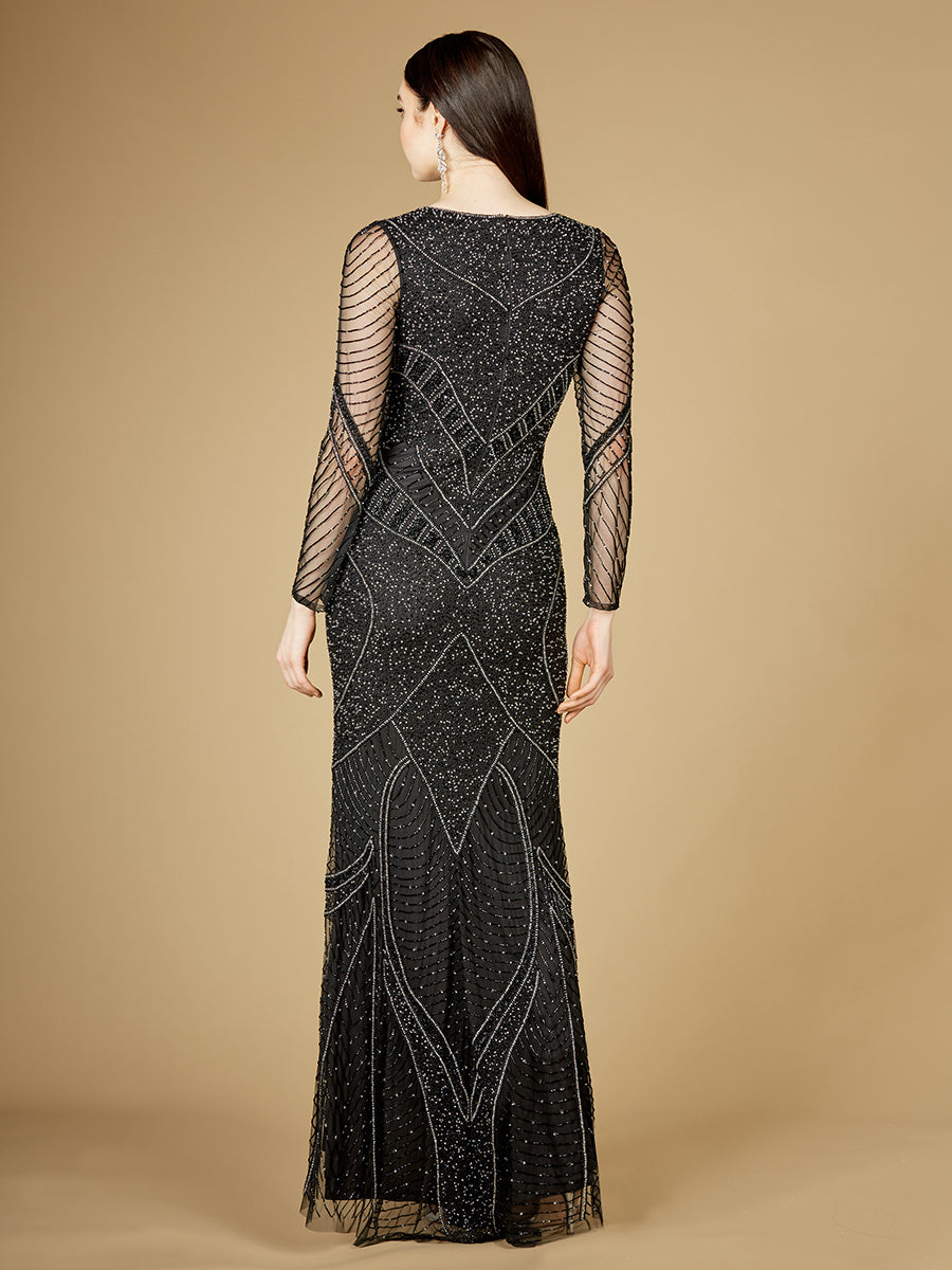 Long Sleeve Beaded Dresses with Sheer Sleeves OUTLET 29173